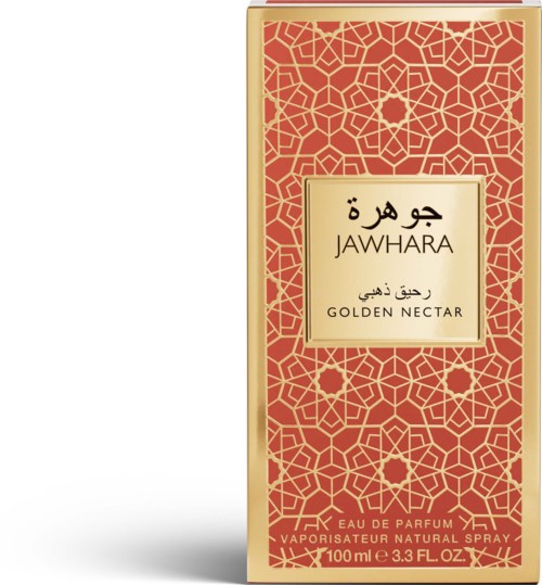 Pudełko perfum z złożonym czerwonym i złotym wzorem, oznaczone arabski i angielski tekst dla Jawhara Golden Nectar.