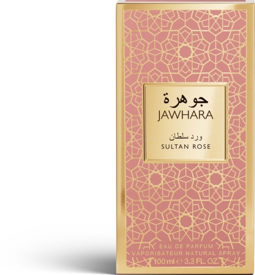 Pudełko perfum z różowymi i złotymi wzorami geometrycznymi i etykietą, na której jest napisane Jawhara Sultan Rose.