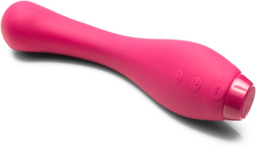 Een roze massagestoestel met knoppen, gevormd als een klein, gebogen, glad apparaat.