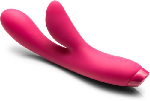 Een roze dubbelzijdige vibrator met knoppen op de grip, ontworpen voor volwassen plezier.