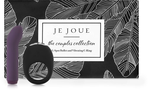 Een zwarte doos met witte bladontwerpen, bevat een paarse vibrator en een zwarte ring, gemarkeerd "Je Joue," voor koppels.