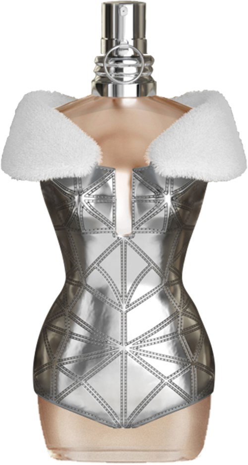 En mannequé i en futuristisk metallkjole med hvide fluffede skuldre og en stor metallic krave.