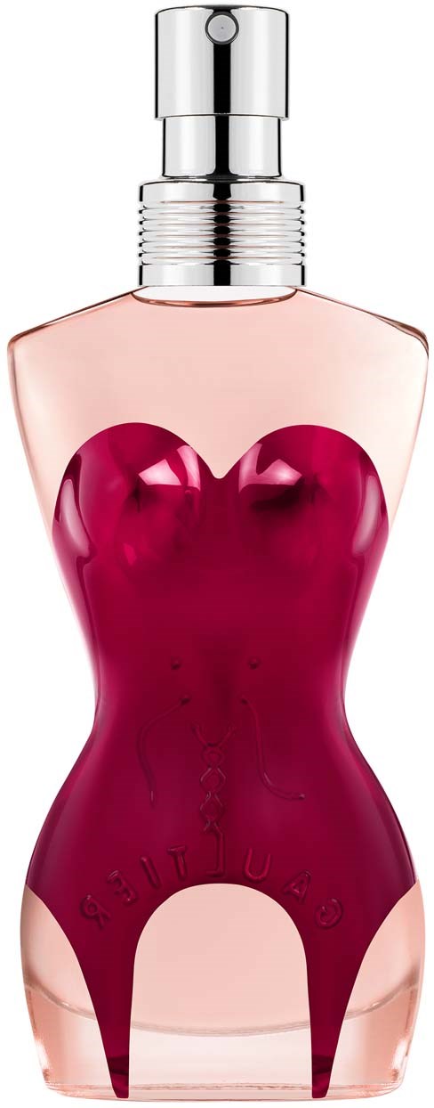 Ein Parfümflasche in Form eines Frauenkörpers mit rosa und roten Farben, silberne Sprühkappe oben.