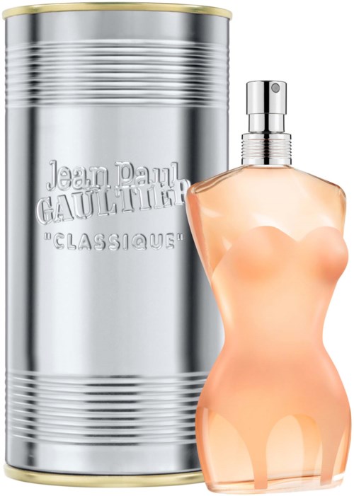 Flakon perfum w kształcie kobiecego ciała i srebrny pojemnik z napisami 'Jean Paul Gaultier Classique'.