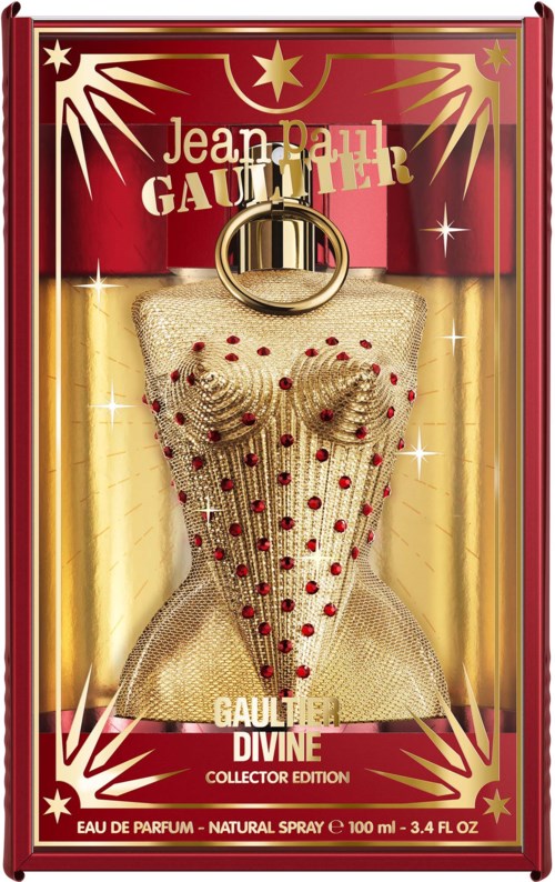 Parfyymipullo, jossa on kultainen verkko ja punaisia täpliä, punaisessa ja kultaisessa laatikossa nimeltä Jean Paul Gaultier Divine Collector Edition.