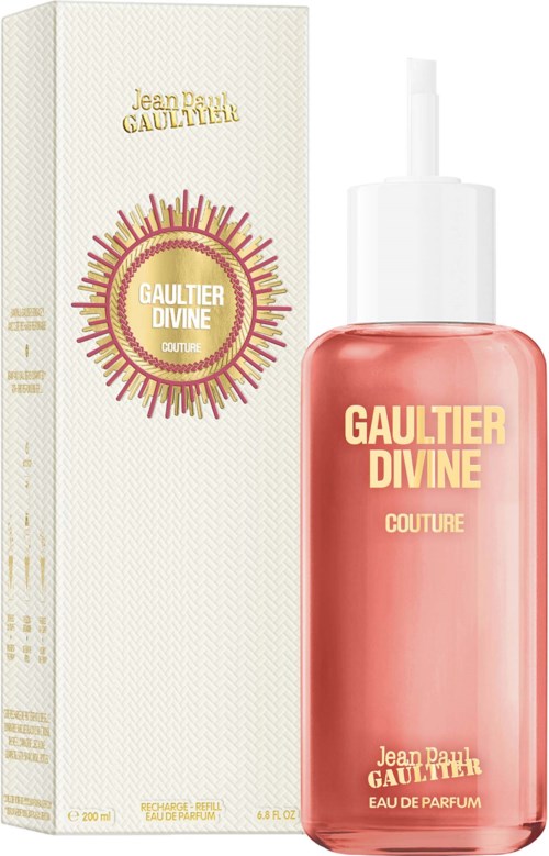 En parfymeflaske og eske med rosa væske inni, merket Gaultier Divine Couture, Jean Paul Gaultier.