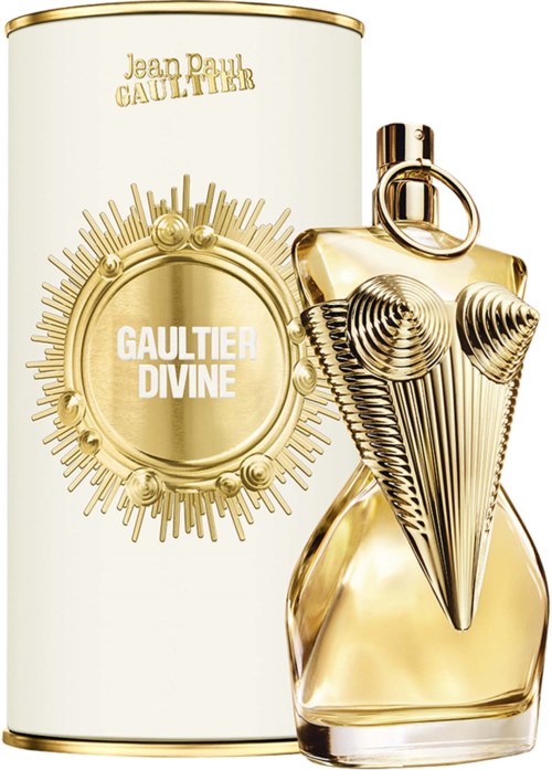 En luksuriøs parfymeflaske med gull detaljer og elegant design, merket Jean Paul Gaultier Divine.