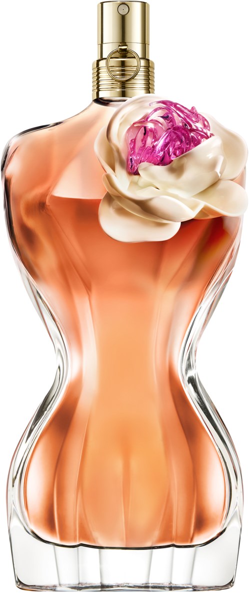 Ein Parfümflasche mit rosa Blumenmuster oben und einem geschwungenen, klaren Glasbehälter.