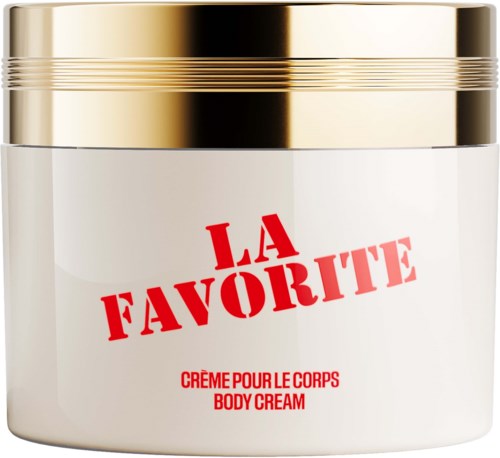 Een witte bodycrèmepot met een gouden deksel en rode tekst, toont productnaam en beschrijving in het Frans en Engels.