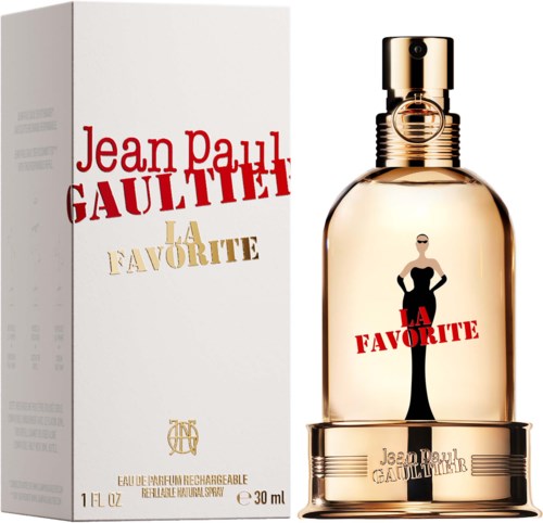 Parfumulasi ja laatikko, joissa on mustakaykkökuva naisesta ja tekstit La Favorite ja Jean Paul Gaultier.