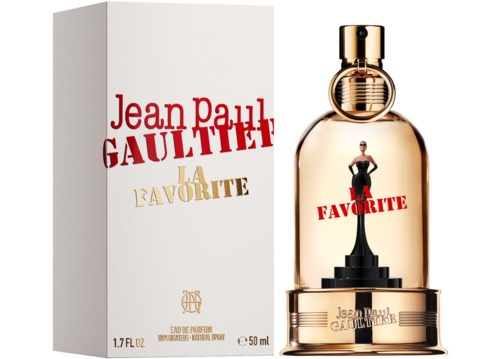 Hajuvesipullo ja laatikko nimeltä Jean Paul Gaultier La F�vrite, kultaiset ja mustat yksityiskohdat, sekä mallin siluetti.