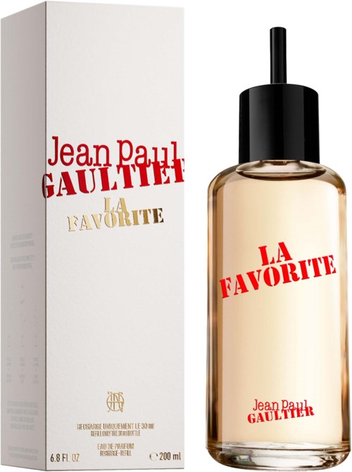 Parfyymipullo, jossa musta korkki ja valkoinen laatikko, molemmissa lukee Jean Paul Gaultier La Favorite punaisella ja kullalla.
