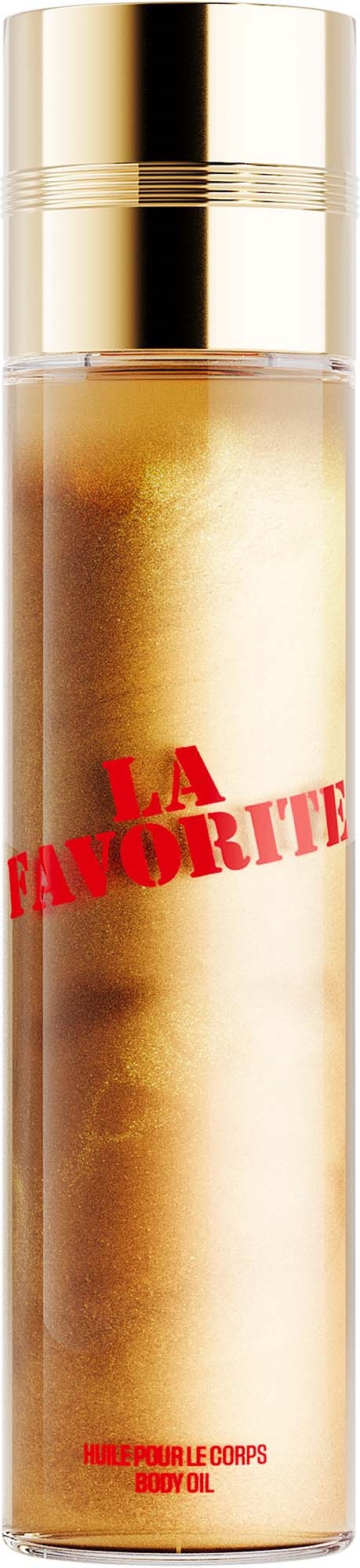 Een lange doorzichtige fles met een gouden dop en goudkleurige vloeistof binnenin. Tekst op de fles leest La Favorite en Onepourle Corps 300ml.