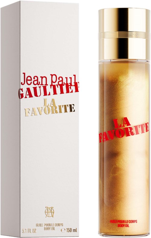 Een gouden lichaamsolie fles met 'LA FAVORITE' in rood, naast een wit doosje met dezelfde tekst en branding.