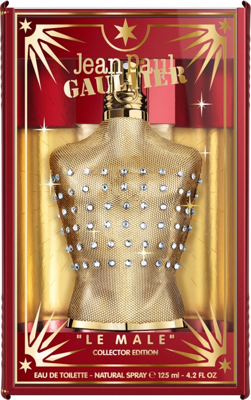 Gullfarget mannequinhals plassert i emballasje merket Jean Paul Gaultier Le Male collector edition.