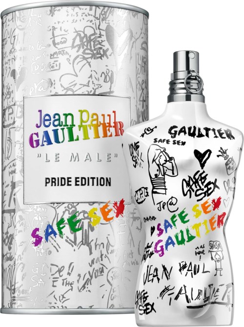 En hvit sprayflaske og beholder med graffiti-lignende fargerik skriving og doodles, for Jean Paul Gaultier Pride Edition.