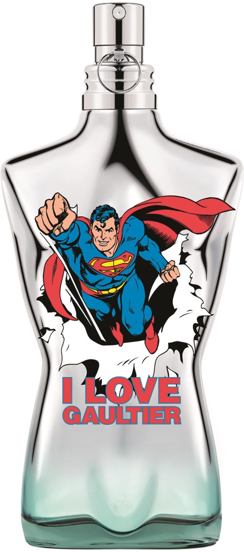 En parfyllflaska med Superman som bryter igenom med en röd cape och texten "I LOVE GAULTIER."