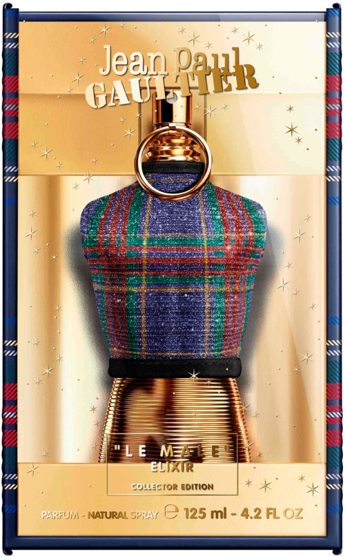 A tartan-patterned dress form with a gold ring top, displayed in a box for Jean Paul Gaultier's Le Mâle perfume.