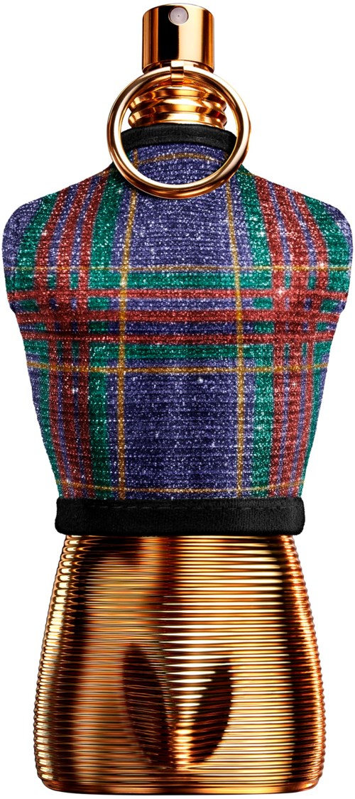 The mannequin displays a colorful, patterned fabric top and shiny, metallic, gold-colored skirt with a slit.