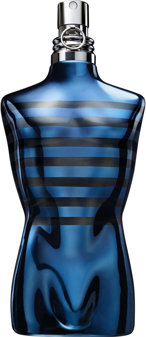 Blauwe gestreepte fles met een zilveren dop in de vorm van een menselijk lichaam. Het heeft een ronde vorm en een glanzend oppervlak.