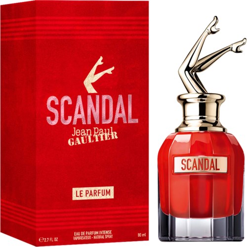 Hajuvesipullo ja rasia ovat kirkkaan punaisia, ja lavassa on käärmemäinen muoto, nimeltä Scandal, Jean Paul Gaultier.