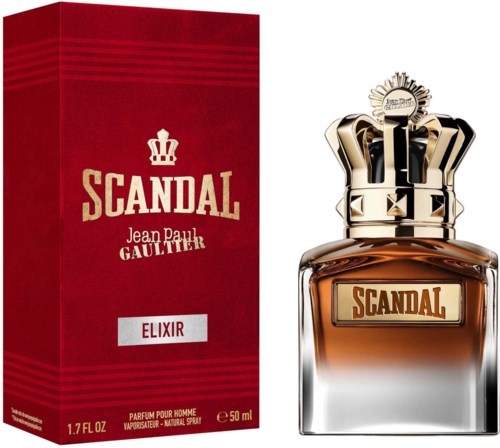En parfymeflaske med gullkronetopp og rød og gull eske, merket 'SCANDAL' og 'Elixir.'