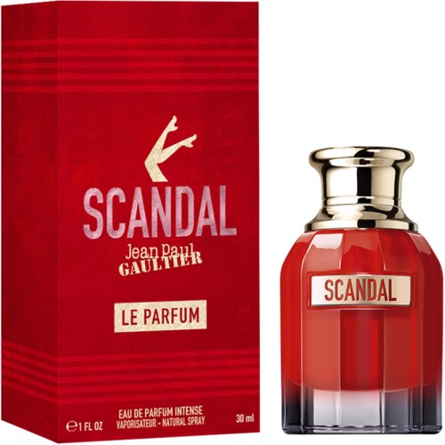 En rød eske og en parfymeflaske kalt Scandal Le Parfum av Jean Paul Gaultier.