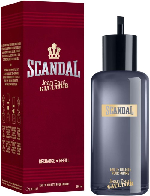 En svart flaske med sprayhette og en rød eske merket Scandal av Jean Paul Gaultier.