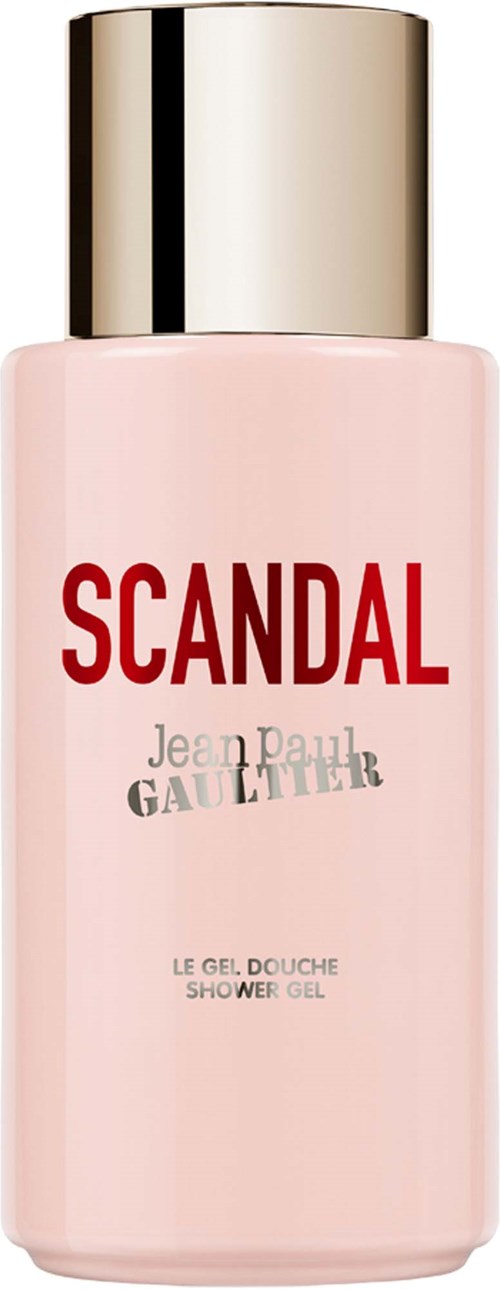 En rosa dusjsåpeflaske med gullhette, merket Scandal av Jean Paul Gaultier.