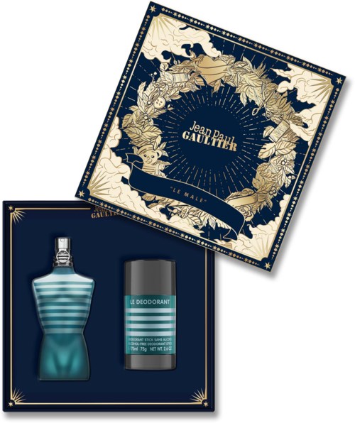 Geschenkset mit Jean Paul Gaultier Le Male Parfüm und Deodorant in blauer Verpackung.