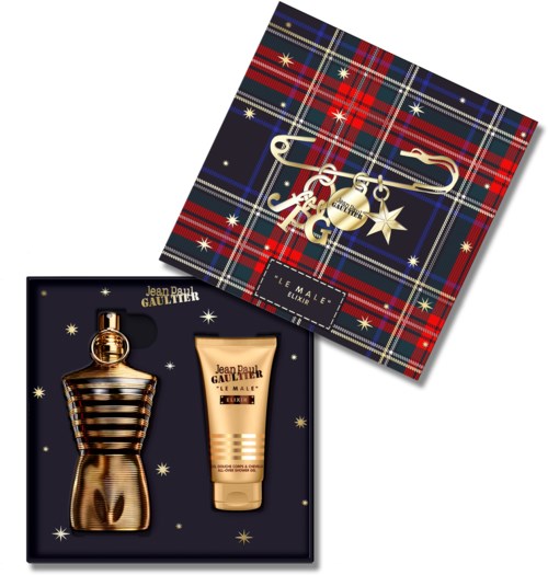A gift set with a perfume bottle and lotion in a box, decorated with gold and star patterns, on a tartan background.