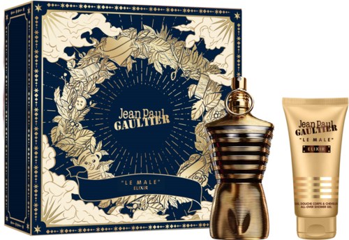 Parfymeflaske og kroppslotion med Jean Paul Gaultier Le Male Elixir-emballasje i blått og gull.