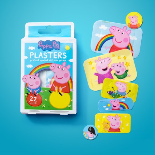 Zestaw plasterków z motywem Peppy Pig z sześcioma kolorowymi, kreskówkowymi naklejkami Peppy i jej rodziny.