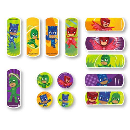 Colorful superhero-themed stickers featuring characters with capes and masks in various poses.