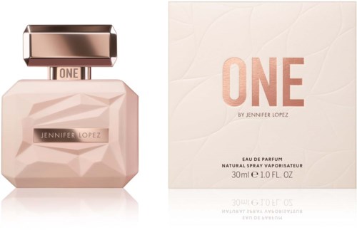 En parfymflaska och box med etiketten 'ONE' och en rosa, geometrisk design. Boxen har text om doftek details.