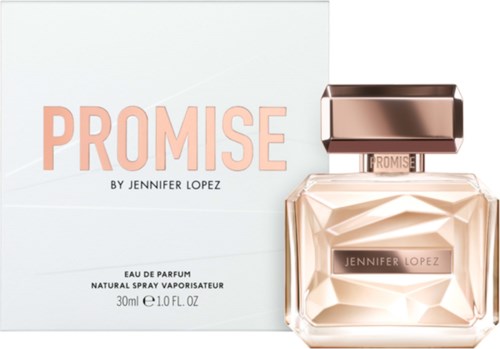 En parfyme eske og flaske kalt 'Promise' av Jennifer Lopez, med rosa og gull detaljer.
