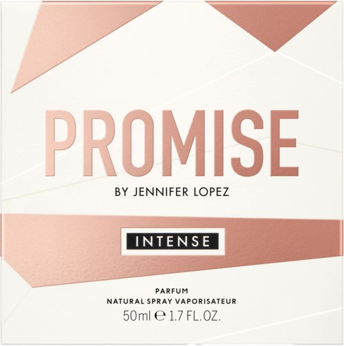 Luksuriøst parfyme-innpakning i rosa, hvitt og brunt. Ordet "PROMISE" er stort, med "Intense" og andre detaljer.