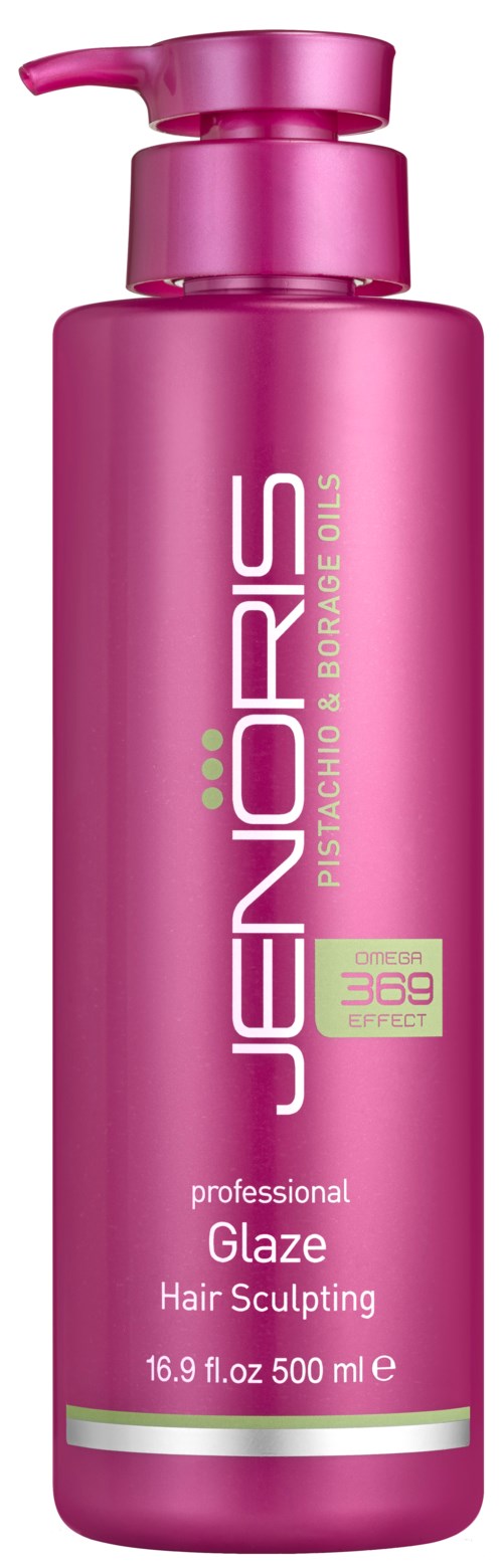 Pink bottle of professional hair sculpting glaze with pump, brand JenOrise, claims 369 effect, 500ml.