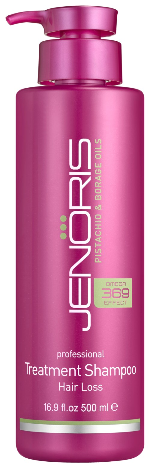 A pink bottle of JenORIS professional treatment shampoo for hair loss with a pump dispenser.