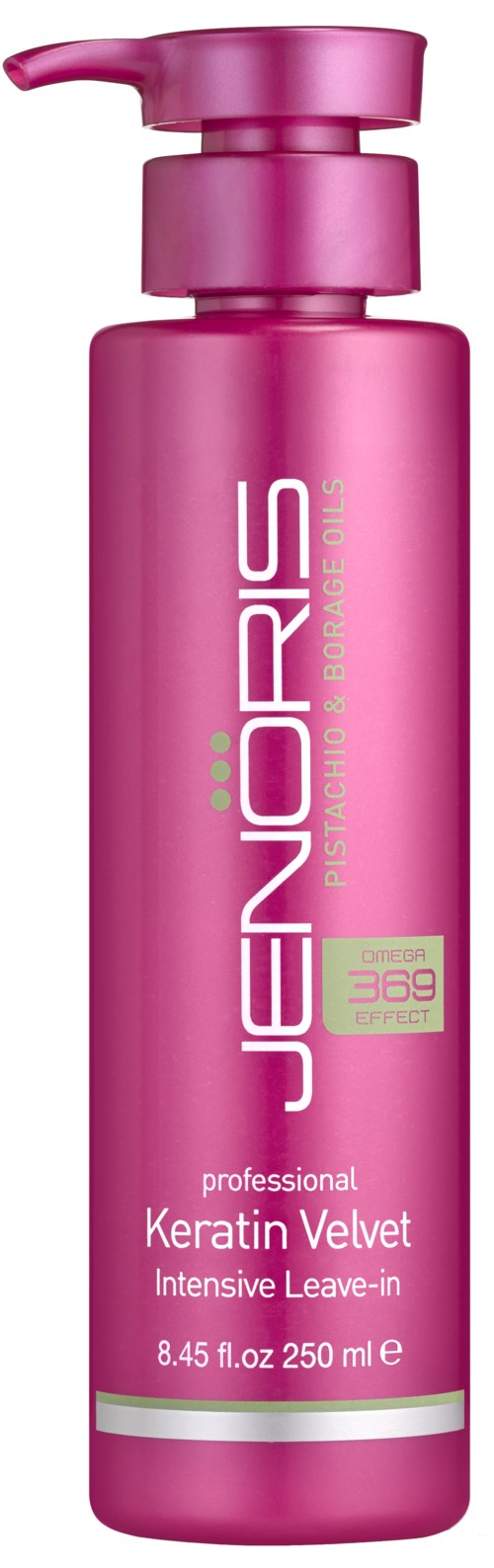 A tall, pink bottle with a pump, labeled as Jenoris Keratin Velvet Intensive Leave-in, 250 ml.