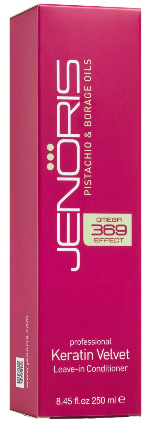 Pink box for hair conditioner with text about keratin velvet, omega 369, and professional use.