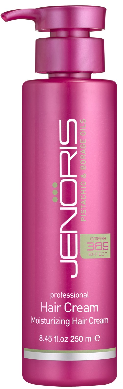 En rosa flaska med Jenoris hårkräm, märkt som återfuktande och professionell, med pump upptill. Storlek är 8,45 fl oz.