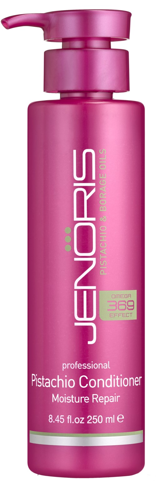 Rosa flaske med Jenoris Pistachio Conditioner for fuktgjenoppretting, 250 ml. Elegant design med pumpekork.