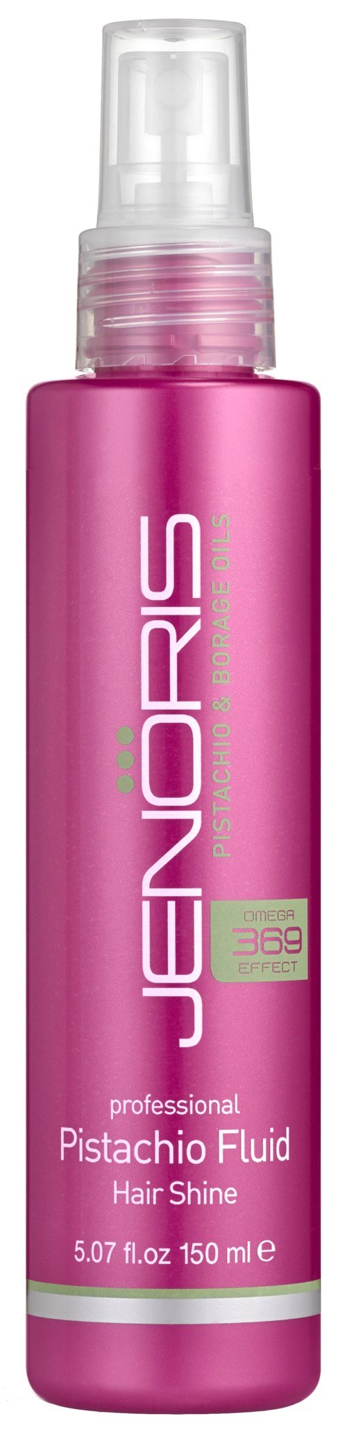Pink spray bottle labeled 'Jenoris Pistachio Fluid Hair Shine' for hair care.