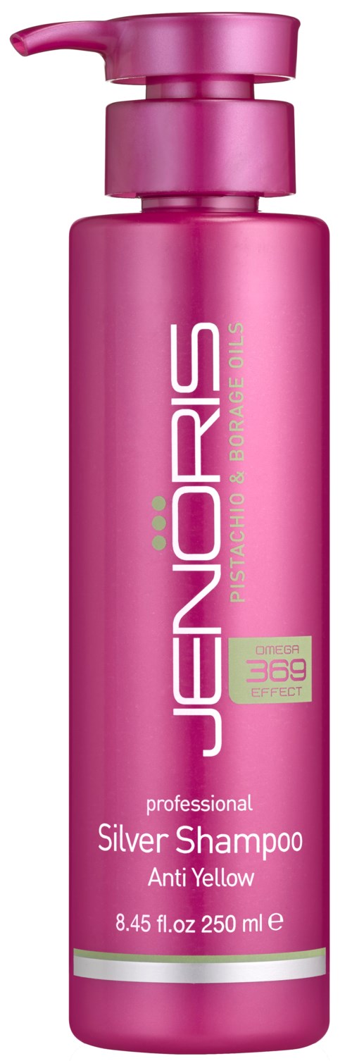 Pink flaska med Jenoris Silver Shampoo för anti-gulning, 250 ml, med pump.