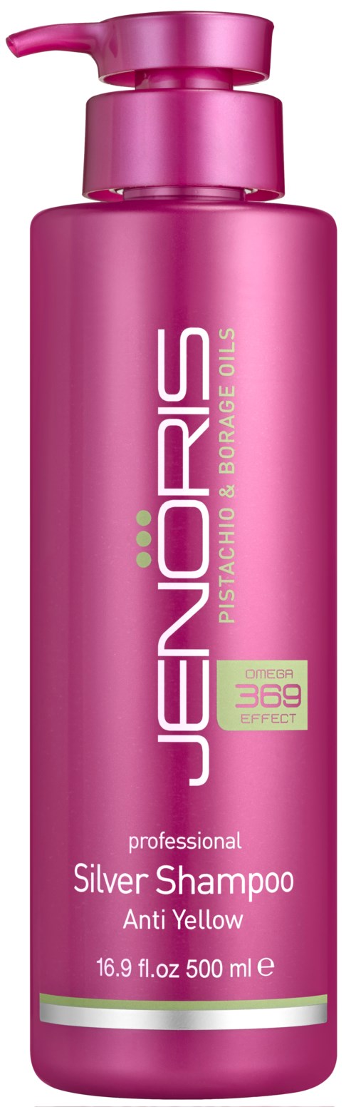 Rosa cylindrisk flaska med pump, märkt 'Jenoris Silver Shampoo Anti Yellow' för hårvård.