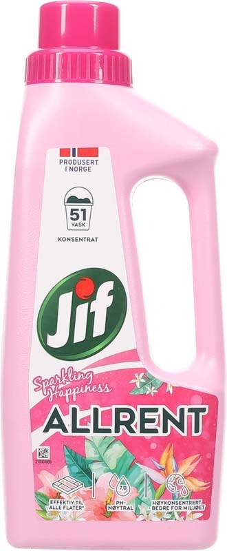 Pink flaska med Jif Allrent-rengöringsmedel med handtag och färgglada etiketter, inklusive växtbilder och produktdetaljer.