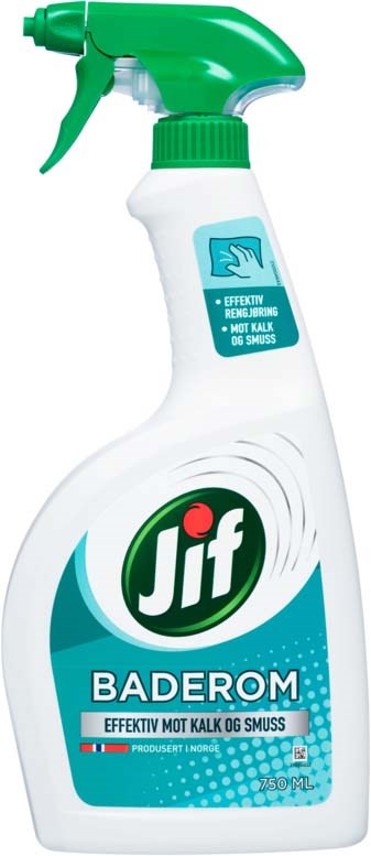 En hvit sprayflaske med grønt hette og etikett, som fremmer effektiv rengjøring av kalk og skitt.