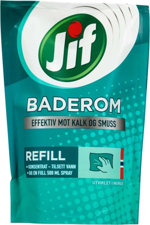 Et rengjøringsproduktpakken med Jif-logo, merket Baderom, for badromsrengjøring, inkludert en refill for 500 ml spray.