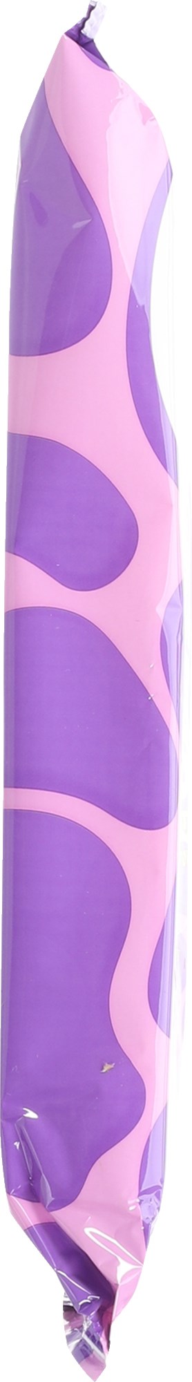 Et højt, slankt objekt med lilla og pink pletter, ser ud til at være en dekorativ eller emballageartikel.